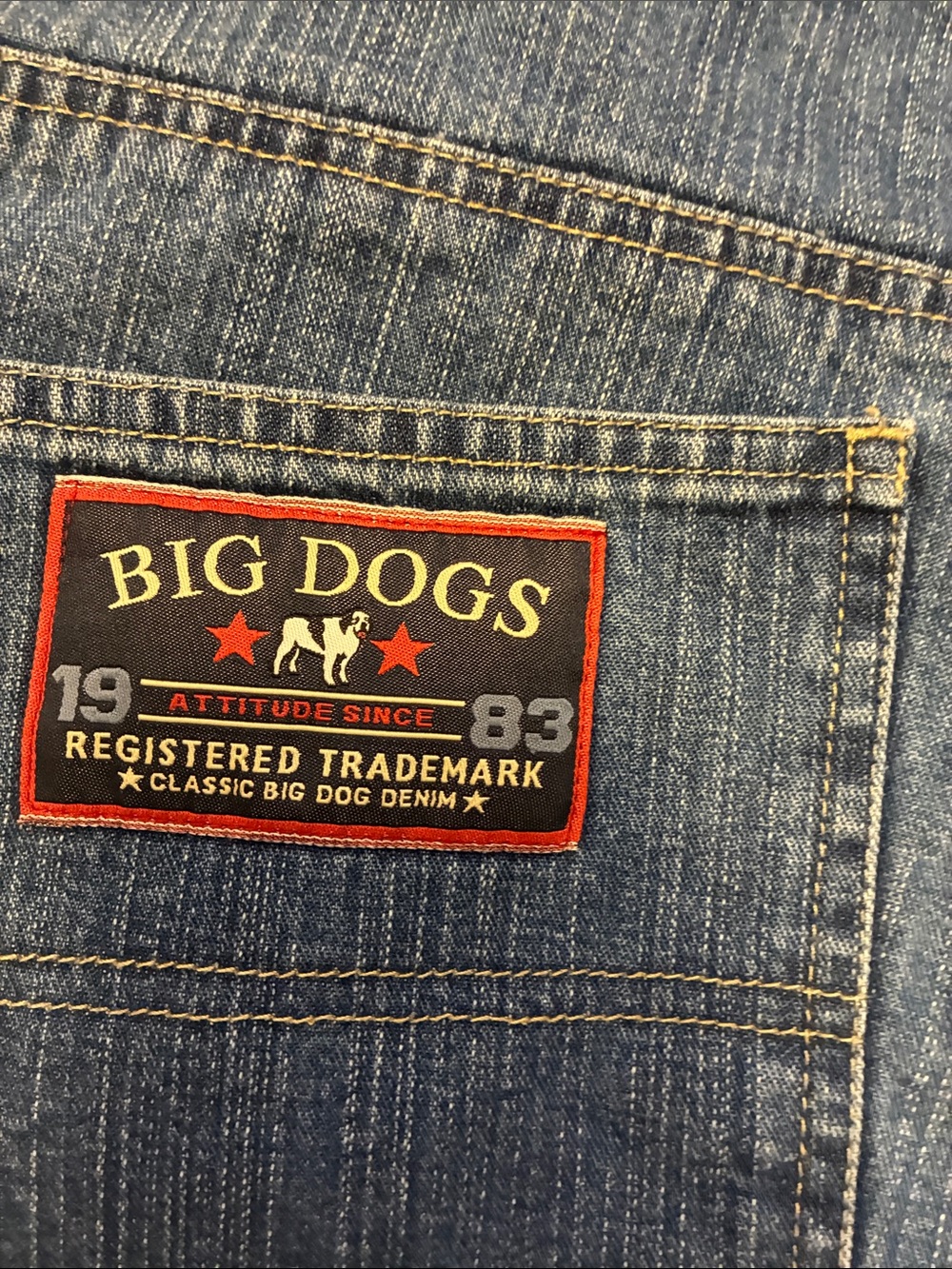 Vintage Big Dogs Navy Denim Shorts with White Logo Patch Sz 38